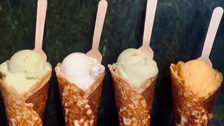 Ausgefallen: Die Sorten Aperol/Blutorange, frische Kiwi, Ziegenkäse/Feige/Walnuss und Avocado/Physalis (v.r.n.l.) gibt es bei Yeay Ice Cream.