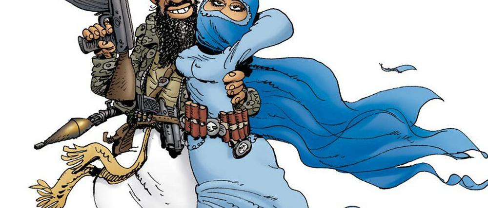 Spott statt Schrecken. Bin Laden mit Covergirl auf dem Titel des Buches.