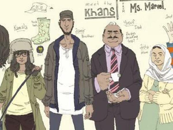 Skizzensammlung zur Familie Khan: Tochter Kamala, nebst Bruder Aamir, Vater Yusuf, Mutter Aisha und Kumpel Bruno (von links)