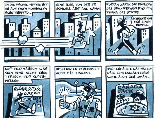 Über Zeichentische gebeugte Männer und ihre kuriosen Ideen: Eine Seite aus "Vom Glanz der alten Tage".