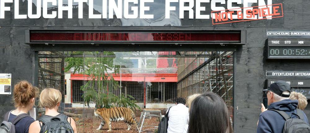 Ein Tiger ist in Berlin vor dem Maxim Gorki Theater im Tigergehege mit der Aufschrift "Flüchtlinge Fressen" zu sehen. 