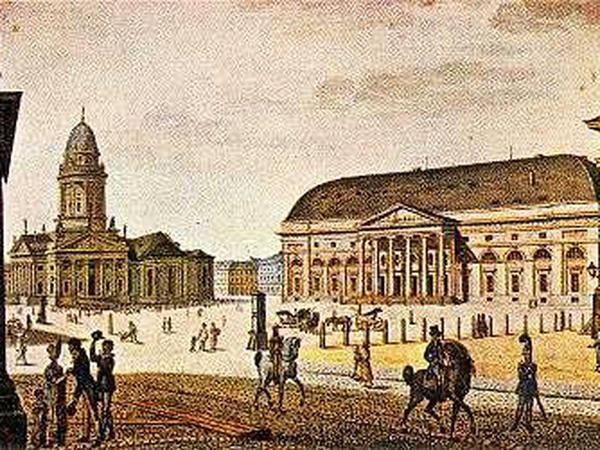 Der Gendarmenmarkt 1815, mit dem von Iffland initiierten Theaterbau nach Plänen von Carl Gotthard Langhans.  