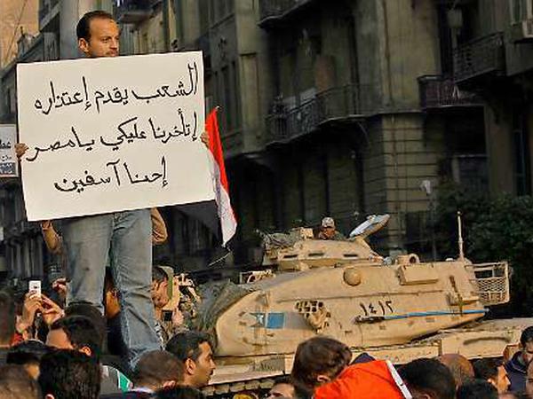 "Die Menschen entschuldigen sich bei ihrem Land dafür, dass sie sich erst nach 30 Jahren gegen Mubarak erhoben haben" steht auf dem Schild, dass dieser Demonstrant auf dem Tahrir Platz am 1. Februar 2011 zeigt. Weitere Fotos von Beshoy Fayez sind bis zum 6. April vor dem Paul-Löbe-Haus in dem Foto-Panorama "Egypt reloaded" zu sehen. 
