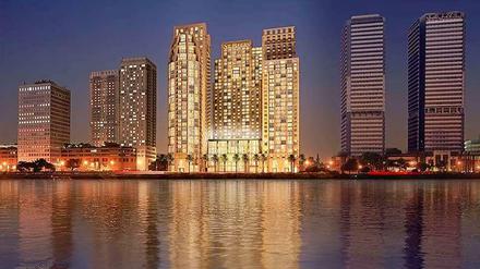 Das Nile Corniche/St. Regis, Luxusapartments und ein Sechs-Sterne-Hotel am Ufer des Nils in Kairo.