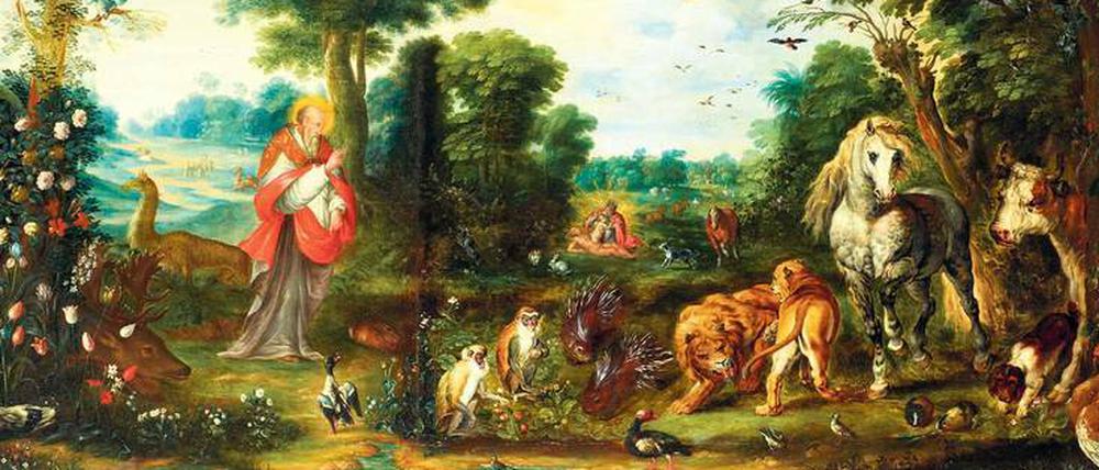Jan Breughel d.J., "Paradieslandschaft mit der Erschaffung der Tiere". Das Bild kam 1741 nach Dresden.