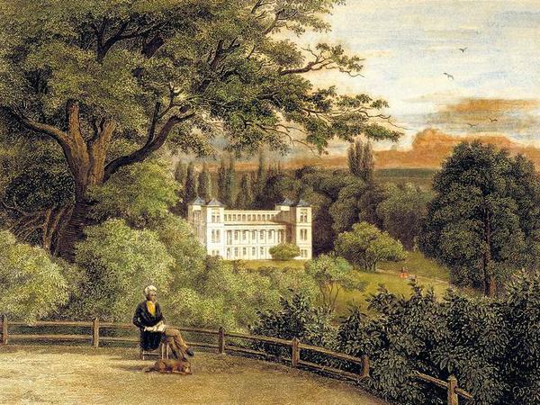 Schloss Tegel auf einem kolorierten Stahlstich um 1850. Der Mann, der im Stich links den Sommertag genießt, soll Alexander, nicht Wilhelm von Humboldt darstellen.