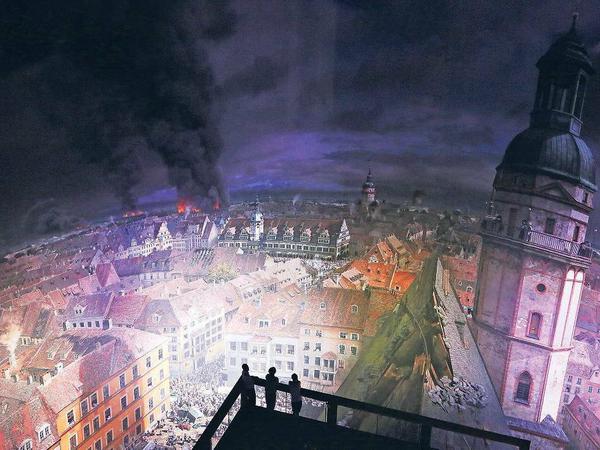 Rauch am Horizont, Blut in den Straßen. Der Künstler Yadegar Asisi hat die Schrecken der Völkerschlacht als 11 Meter breites und 32 Meter hohes Panorama-Bild rekonstruiert.. Am rechten Bildrand: die Thomaskirche. 