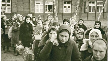 Man nannte sie Ostarbeiterinnen. NS-Propagandabild von 1942, fotografiert von Gerhard Gronefeld im Durchgangslager Berlin-Wilhelmshagen.