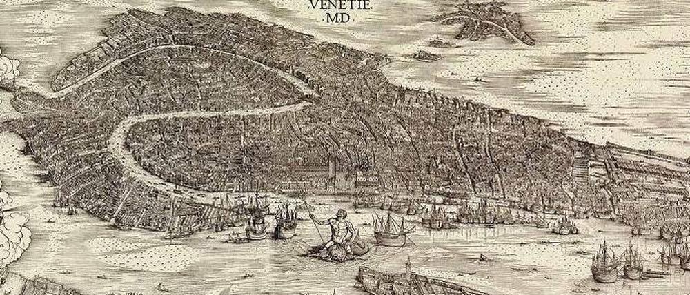 Mit dem Verstand gesehen. Jacopo de’ Barbari legte im Jahr 1500 eine Ansicht von Venedig aus der Vogelperspektive als Holzschnitt vor. Sie blieb unübertroffen und wurde drei Jahrhunderte lang immer wieder nachgedruckt (Ausschnitt). 