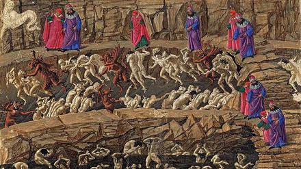 Sandro Botticellis „Dante und Vergil im achten Höllenkreis (Inferno XVIII)“, ca. 1481–1488.