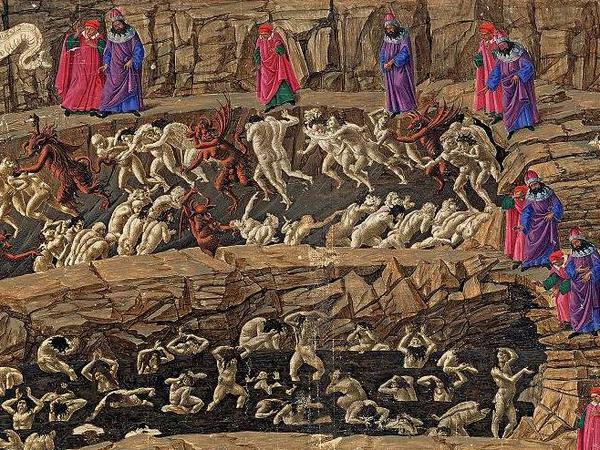 Sandro Botticellis „Dante und Vergil im achten Höllenkreis (Inferno XVIII)“, ca. 1481–1488.