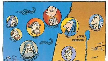 Heiliges Land. Karte zur „Wahren Geschichte des kleinen Jesus“, der Sonderausgabe von „Charlie Hebdo“ zu Weihnachten. Der Zeichner Laurant Sourisseau alias Riss wurde beim Attentat am 7. Januar verletzt, ist aber inzwischen außer Lebensgefahr. 