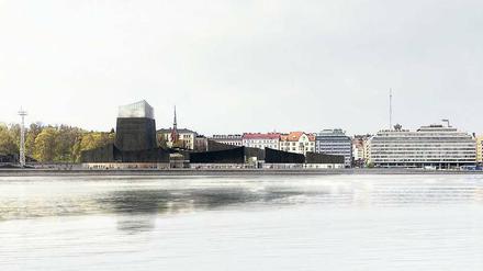 Hüttendorf. Der Entwurf der Architekten Nicolas Moreau and Hiroko Kusunoki für die finnische Guggenheim-Dependance sieht eine Ansammlung Pavillons vor, ummantelt mit geschwärztem Holz. 