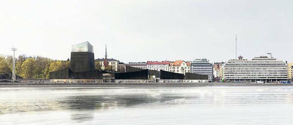 Hüttendorf. Der Entwurf der Architekten Nicolas Moreau and Hiroko Kusunoki für die finnische Guggenheim-Dependance sieht eine Ansammlung Pavillons vor, ummantelt mit geschwärztem Holz. 