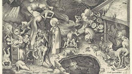 Pieter Bruegels Kupferstich "Jakob beim Zauberer" (1565) gilt als erste Darstellung einer Hexe auf dem Besen. Sie verschwindet rechts im Kamin. Auch die Katze ist nicht weit. 