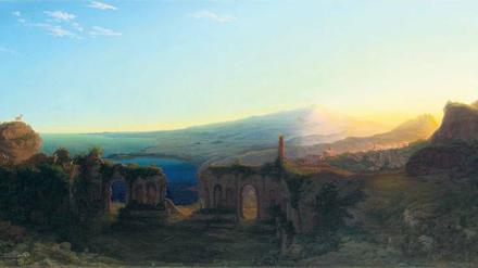 Sehnsuchtsblick. August Kopischs „Ätna, gesehen von den Ruinen des Theaters zu Taormina, bei Sonnenuntergang“ von 1833. Das Ölgemälde befindet sich in Privatbesitz. 