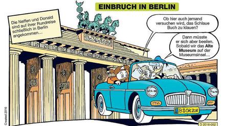 Ende eines Spritztour. Die Ducks kommen zum Finale ihrer Europa-Reise nach Berlin, um die Urfassung des „Schlauen Buchs“ im Alten Museum auszustellen. 