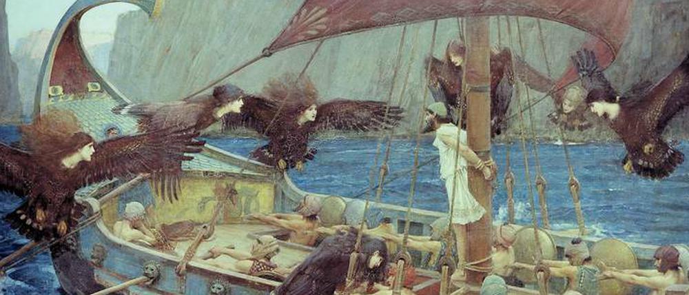 Odysseus, ewig auf der Flucht. Die Sirenen wollen ihn in den Tod locken mit ihrem Gesang. Gemälde von John William Waterhouse, 1891.