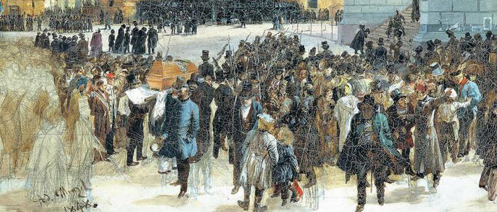 Die Revolution ist tot. Beerdigung der Märzgefallenen in Berlin, Gemälde von Adolph Menzel. 