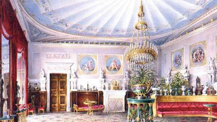 Die Leichtigkeit des Seins. Den „Teesalon“ schuf Karl Friedrich Schinkel in den 1820er Jahren, die aquarellierte Federzeichnung gibt den Zustand um 1830 wieder. 