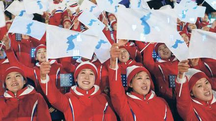 Olympische Eröffnungsfeier in Pyeongchang, mit Vertretern der Delegation aus Nordkorea.
