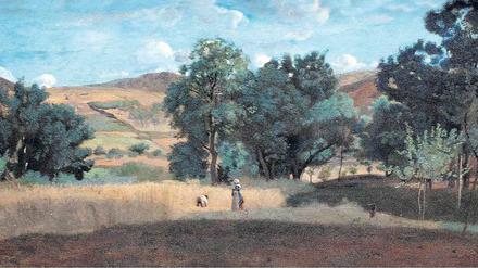 Sommer in Burgund. Jean Baptiste Camille Corots Gemälde „Weizenfeld im Morvan“ (Champ de blé dans le Morvan, Ausschnitt) aus dem Jahr 1842 lässt Mirko Bonnés Helden davon träumen, in diesem Landschaftsbild zu verschwinden.