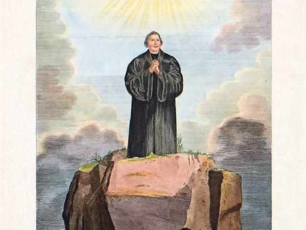 Heiliger Reformator. Nach V. H. Schnorr von Carolsfeld: Gedenkblatt zum 350. Geburtstag Martin Luthers, 1835, Radierung, koloriert.