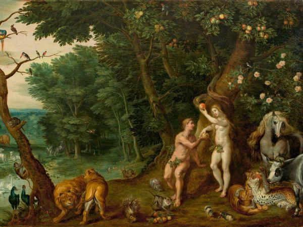 Die Versuchung. Spitzenlos der Auktion ist das Gemälde „Paradieslandschaft mit dem Sündenfall“ (um 1634) von Jan Brueghel d. J. und Frans Wouters. 