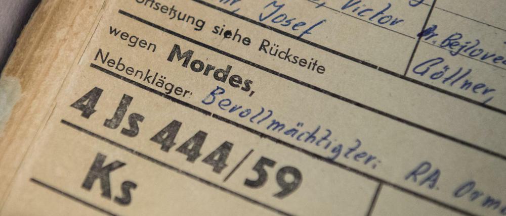 Ein Dokument des ersten Frankfurter Auschwitz-Prozesses, aufgenommen im Hessischen Hauptstaatsarchiv in Wiesbaden.
