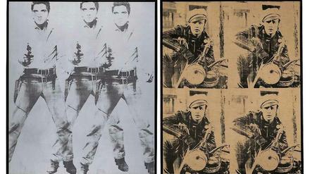 Die Andy Warhol Kunstwerke «Triple Elvis» (1963, links) und «Four Marlon» (1966). Die Westdeutschen Spielbanken wollen die Bilder diesen Mittwoch in New York bei Christie's versteigern lassen und erhoffen sich dafür 100 Millionen Euro. 