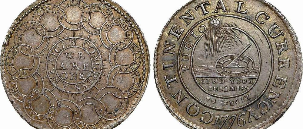 Der Silberdollar aus dem Jahr 1776. Die Münze wurde in den USA zusammen mit einem Ein-Cent-Stück aus dem Jahr 1792 für mehr als 2,8 Millionen Dollar versteigert. 