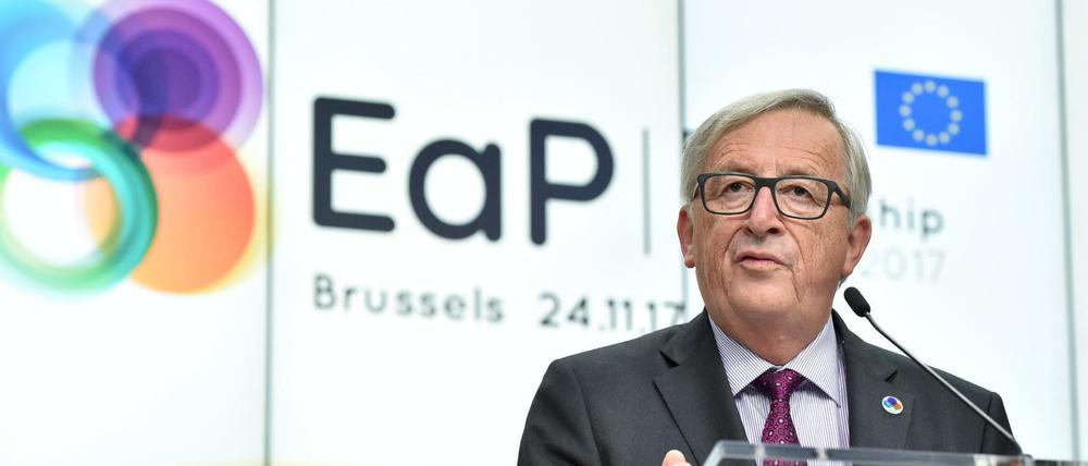 Jean-Claude Juncker, Präsident der Europäischen Kommission, bei einer Pressekonferenz nach dem Gipfeltreffen der EU-Staats- und Regierungschefs mit Vertretern der östlichen Partner. 