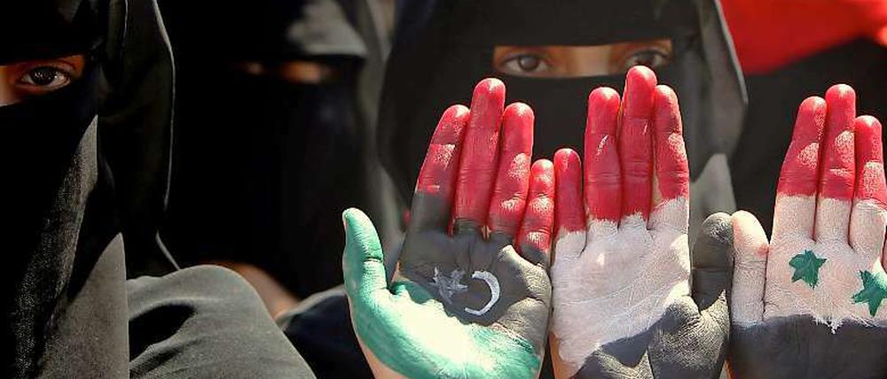 Regierungskritische Demonstranten im Jemen zeigen ihre Handflächen, die mit der libyschen, der jementischen und der syrischen Flagge bemalt sind. Der Wandel in Libyen, Ägypten und Tunesien weckt die Hoffnung der Bevölkerung.