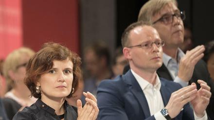 Linke-Spitzenpolitiker Katja Kipping, Matthias Höhn und Dietmar Bartsch (von links) auf dem Bundesparteitag im Mai 2016 in Magdeburg.