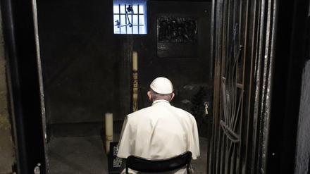 Papst Franziskus betet in der Zelle des Franziskaner-Minoriten Maximilian Kolbe in Auschwitz.