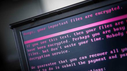 Ein mit Schadsoftware infizierter Laptop zeigt eine Zahlungsaufforderung an. Weltweit sind dutzende Firmen von dem Cyber-Angriff betroffen. 