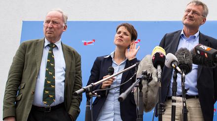 Frauke Petry (M), Jörg Meuthen (r) und ihr Stellvertreter Alexander Gauland (l) suchen eine gemeinsame Richtung - irgendwo rechts.