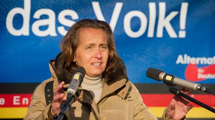 Die stellvertretende Bundesvorsitzende der Partei Alternative für Deutschland (AfD), Beatrix von Storch, spricht am 09.01.2016 vor dem Rathaus in Neubrandenburg zu mehreren hundert Anhänger der rechtskonservativen Alternative für Deutschland (AfD). 
