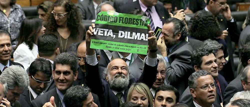 Leg' Dein Veto ein, Dilma! Das fordert einer der unterlegenen Abgeordneten im brasilianischen Unterhaus, wo in der Nacht von Mittwoch auf Donnerstag nach einer achtstündigen bisweilen chaotischen Debatte ein umstrittenes Waldgesetz beschlossen worden ist. 