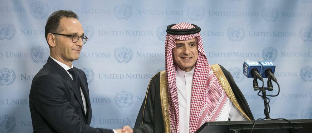 SPD-Bundesaußenminister Heiko Maas (l.) mit Adel bin Ahmed Al-Jubeir, Außenminister von Saudi-Arabien in New York.
