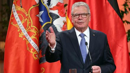 Bundespräsident Joachim Gauck beantwortet in Santiago de Chile Fragen von Journalisten.