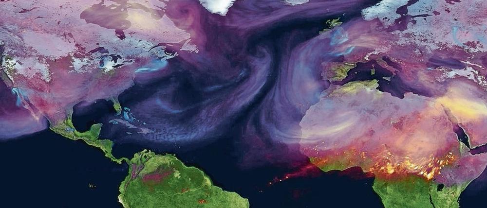 Blau steht auf dieser Grafik der amerikanischen Weltraumbehörde Nasa für städtische Zentren und ihren Kohlendioxid-Ausstoß. Rot steht für Feuer. Die Animation zeigt den CO2-Ausstoß der Welt an fünf Tagen im Juni 2006. 