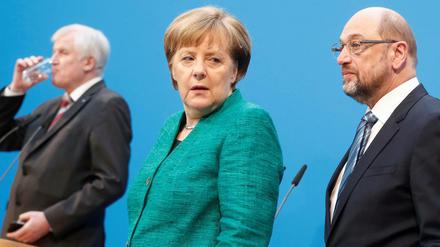 Sehen sich bald öfters: Horst Seehofer, Angela Merkel, Martin Schulz.
