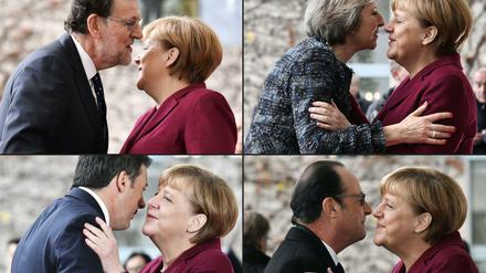 Wer bleibt bei Merkel? Die Premiers von Spanien und Großbritannien, Rajoy und May, erstmal schon. Renzi (Italien) und Hollande stehen auf der Kippe (von oben links).