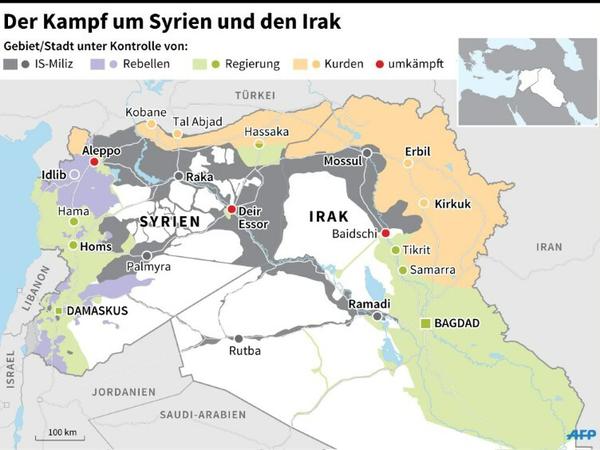 Die Lage in Syrien und im Irak: Der IS kontrolliert weiter große Gebiete in beiden Ländern. Die Macht der Regierung ist jeweils auf die Hauptstadt und angrenzende Gebiete beschränkt. 