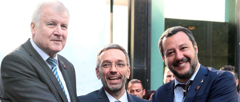 Hand drauf. Innenminister Horst Seehofer (CSU) mit seinem Kollegen Herbert Kickl aus Österreich und dem Italiener Matteo Salvini (r.).