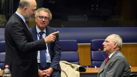 Treffen in Luxemburg. EU-Währungskommissar Moscovici, Luxemburgs Finanzminister Gramegna und der deutsche Ressortchef Schäuble (von links nach rechts). 