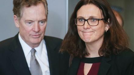 Die EU-Handelskommissarin Cecilia Malmström spricht mit dem US-Handelsbeauftragten Robert Lighthizer.
