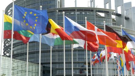 ARCHIV - Die Flaggen der 25 Mitgliedsländer der Europäischen Union wehen am 10.06.2004 vor dem Europa-Parlament in Straßburg im Wind. Bei der Europawahl 2009 am 7. Juni sind rund 375 Millionen EU-Bürger in 27 europäischen Ländern zur Wahl aufgerufen. Foto: Rolf Haid dpa (zu dpa-Themenpaket "Europawahl" vom 02.06.2009) +++(c) dpa - Bildfunk+++