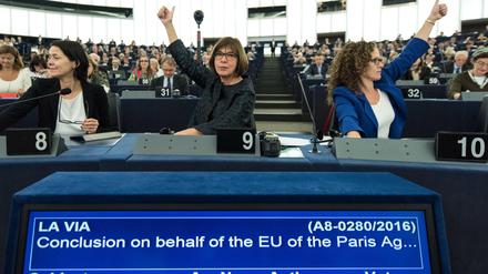 Abstimmung im Europaparlament in Straßburg zum Weltklimavertrag. Auch die deutsche Rebecca Harms (M.) von den Grünen stimmte ab.